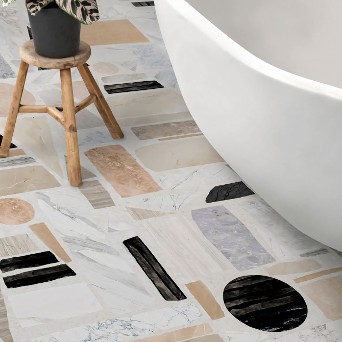 Terrazo Big 2. Vinilo lavable autoadhesivo para suelos de baños, aseos con azulejos, baldosas o marmol. Lokoloko