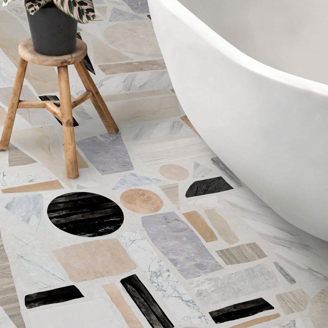Big Terrazzo. Washable self-adhesive eco inks. Vinyls for floors tiles in bathrooms. Lokoloko