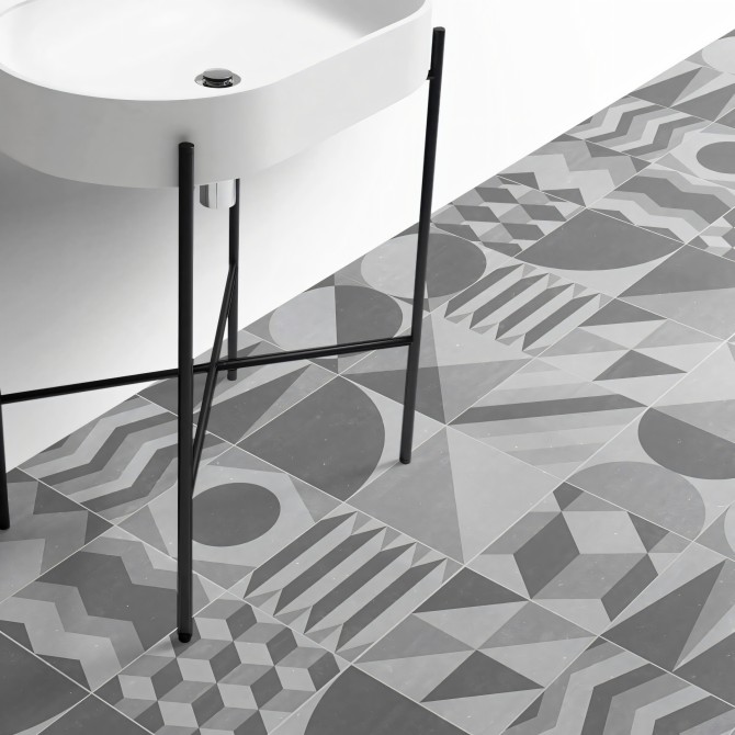 Geometría vintage clara. Vinilo texturizado  para suelos de baños, antideslizante y antibacterias, resistente al agua. Lokoloko