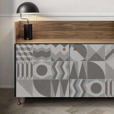 Light Vintage geometry.  Washable, texture vinyl, eco-friendly inks, opaque, antibacterial for living room sideboard.