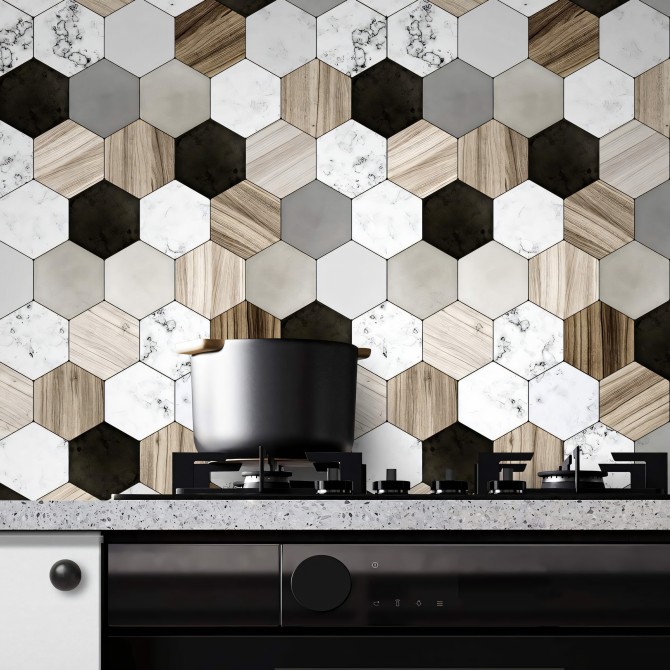 Hexagonal ceramic, marble and wood tiles (mini). Textured washable vinyl for kitchen fronts. Lokoloko