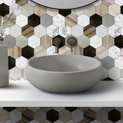 Azulejos Hexagonales cerámica, mármol y madera (mini). Vinilo lavable texturizado, para paredes de baños. Lokoloko