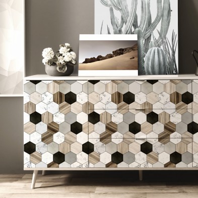 Hexagonal ceramic, marble and wood tiles (mini). Textured washable vinyl, for sideboard furniture.. Lokoloko