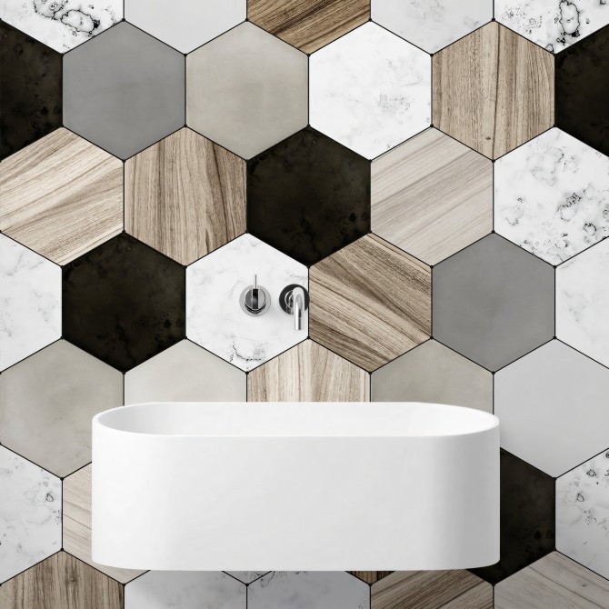 Azulejos Hexagonales cerámica, mármol y madera. Vinilo, tintas ecologicas, resistente al agua, antibacterias para baños.