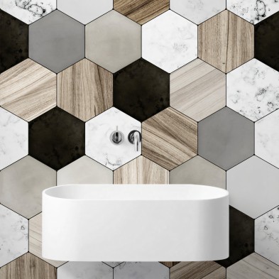 Azulejos Hexagonales cerámica, mármol y madera. Vinilo, tintas ecologicas, resistente al agua, antibacterias para baños.
