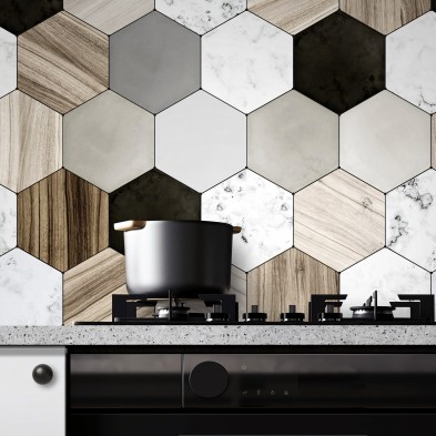 Wood, marble, stone and ceramic Hexagonal Tiles. Washable vinyl, ecological inks,, antibacterial for and backslash Kitchen.