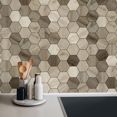 Azulejos hexagonales de maderas japandi - Vinilo autoadhesivo lavable para muebles, suelos y paredes. Lokoloko