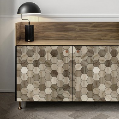 Azulejos hexagonales de maderas japandi - Vinilo autoadhesivo lavable para muebles, suelos y paredes. Lokoloko