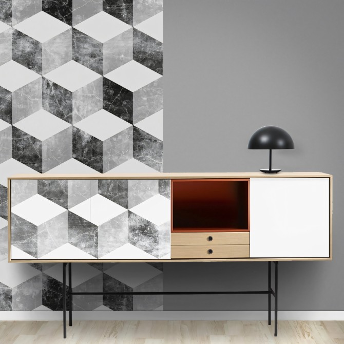 Cubos Desgastados. Vinilo lavable, tintas ecologicas, opaco, antibacterias para aparador de salón. Lokoloko