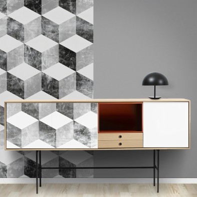 Cubos Desgastados. Vinilo lavable, tintas ecologicas, opaco, antibacterias para aparador de salón. Lokoloko