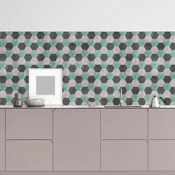 Hexágonos de 3 colores (mini). Vinilo lavable texturizado, para frentes de cocina, lokoloko
