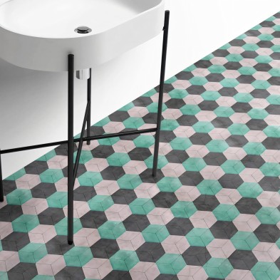 Hexágonos de 3 colores (mini). Vinilo lavable texturizado, para suelos de cuarto de baño, lokoloko