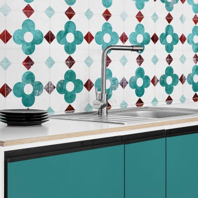 Tiles of turquoise vintage flowers. Washable, eco-friendly inks, water resistant, antibacterial for tiles and backslash Kitchen.