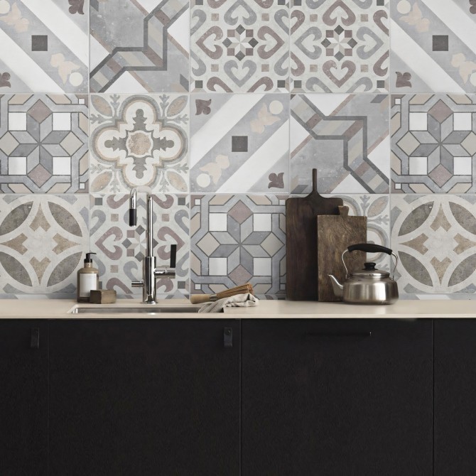 Mosaic of hydraulic floor tiles 5. Vinyl, ecological inks, water resistant, antibacterial for tiles and backslash Kitchen.