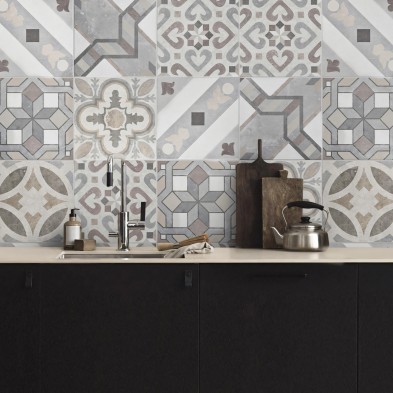 Mosaico de baldosas hidráulicas 5. Vinilo, tintas ecologicas, resistente al agua, antibacterias para forrar muebles y paredes.