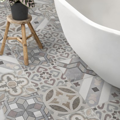 Mosaico de baldosas hidráulicas 5. Vinilo para suelos de baños, antideslizante y antibacterias, resistente al agua. Lokoloko