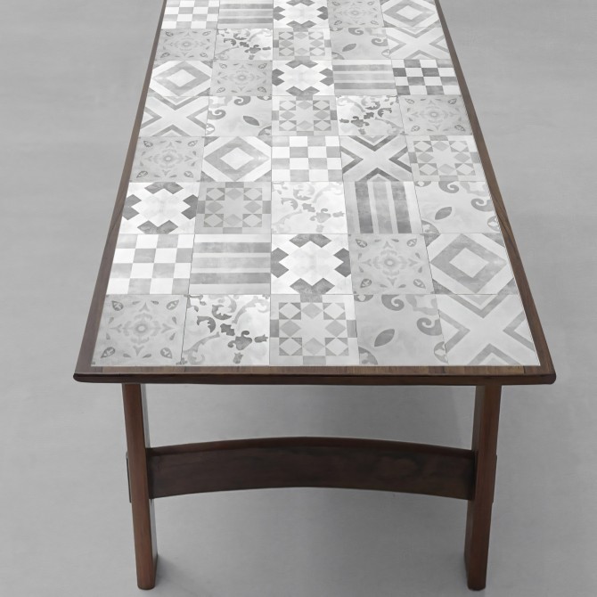 Vintage pattern 5 black & white. Vinyl, eco-friendly inks, opaque, antibacterial to cover living room and dining room tables.