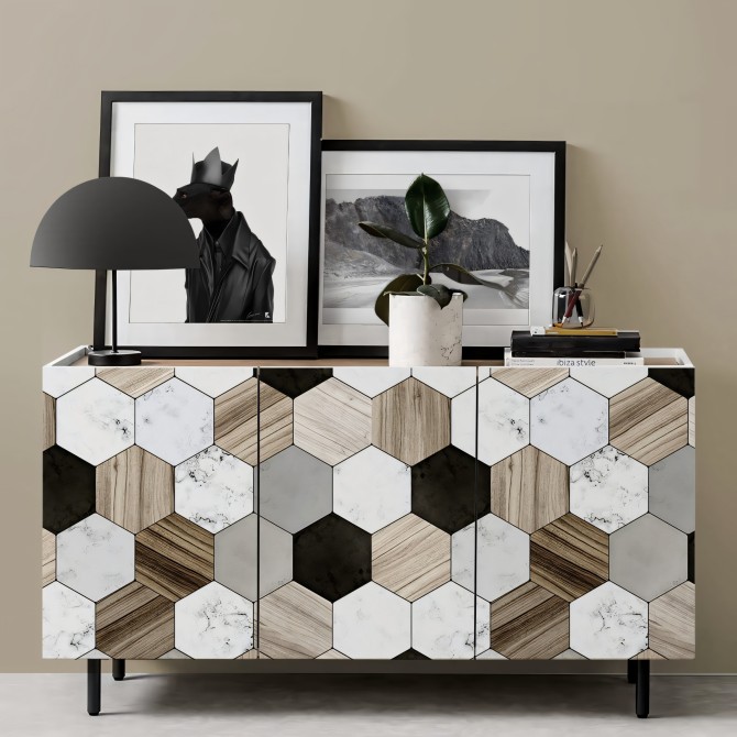 Azulejos Hexagonales cerámica, mármol y madera. Vinilo lavable, tintas ecologicas, opaco, antibacterias para aparador de salón.