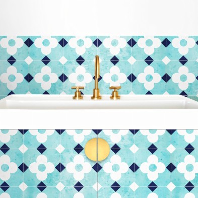 Tiles of white vintage flowers. Washable, vinyl, eco-friendly inks, water resistant, antibacterial for bathroom furniture.