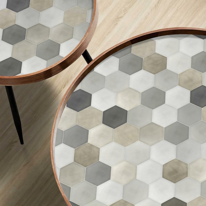 Hexagonal Ceramic Pattern 1. Washable vinyl, eco-friendly inks, antibacterial to cover living room and dining room tables.