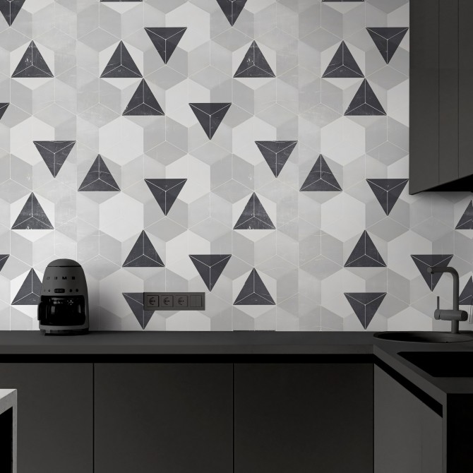 Gray Nordic Hexagons. Washable, texture vinyl, eco-friendly inks, water resistant, for tiles and backslash Kitchen.