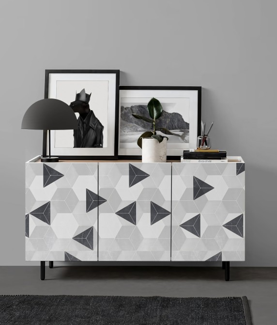 Hexágonos Nórdicos Grises. Vinilo lavable texturizado, tintas ecologicas, opaco, antibacterias para aparador de salón. Lokoloko