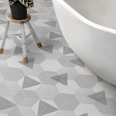 Hexágonos nórdicos gris claro. Vinilo texturizado  para suelos de baños, antideslizante y antibacterias, resistente al agua.