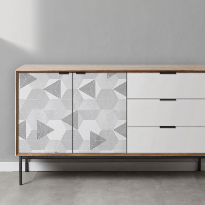 Hexágonos nórdicos gris claro. Vinilo lavable texturizado, tintas ecologicas, opaco,  para aparador de salón.