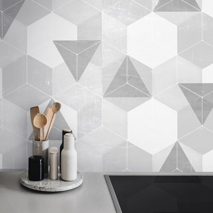 Light Gray Nordic Hexagons. Washable, texture vinyl, eco-friendly inks, water resistant, for tiles and backslash Kitchen.