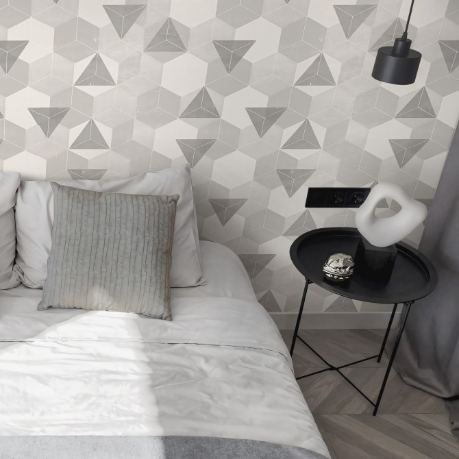 Hexágonos nórdicos gris claro. Vinilo lavable texturizado, tintas ecologicas, opaco, para paredes gotele dormitorios.