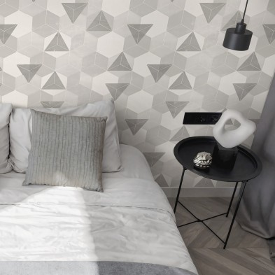 Hexágonos nórdicos gris claro. Vinilo lavable texturizado, tintas ecologicas, opaco, para paredes gotele dormitorios.