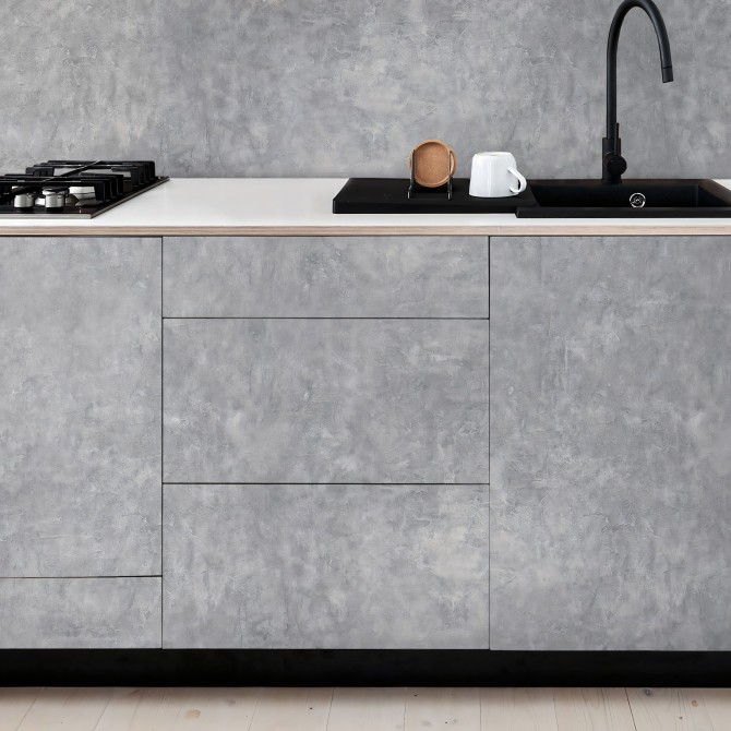 Vinilo cemento hermit para forrar muebles de cocinas. Ignifugo y resistente al agua y productos de limpieza. Lokoloko