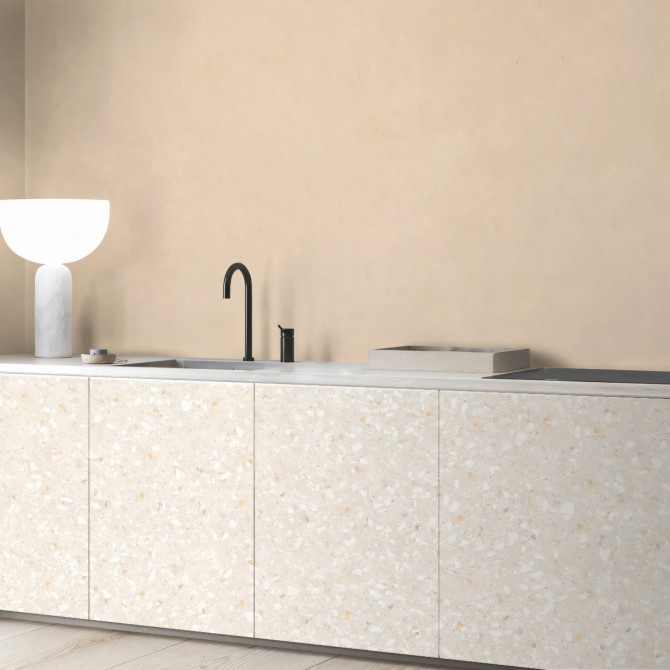 Terrazo Mauro. Vinilo lavable y autoadhesivo para decorar muebles de cocina con elegantes tonos tierra. Diseño Loko Loko.