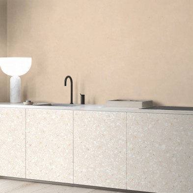 Terrazo Mauro. Vinilo lavable y autoadhesivo para decorar muebles de cocina con elegantes tonos tierra. Diseño Loko Loko.