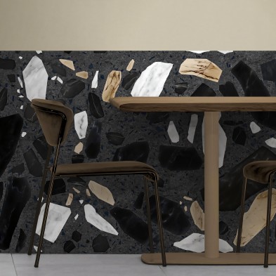 Terrazo Correr. Vinilo lavable para paredes y zócalos. De color gris oscuro con piedras negras, blancas y tierra. Lokoloko
