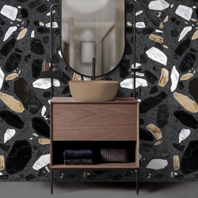 Terrazo Correr. Vinilo lavable para paredes y azulejos de baño. Gris oscuro con piedras negras, blancas y tierra. Lokoloko
