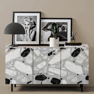 Terrazo Celestia- Vinilo autoadhesivo, lavable para muebles, puertas y cajones, en blanco, negro y tierra sobre gris.