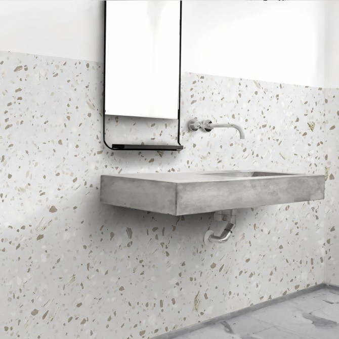 Terrazo Murano - vinilo lavable, autoadhesivo y opaco para zócalos de baños. Diseño lokoloko en gris y marrón.