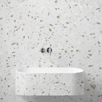Terrazo Murano - vinilo lavable, autoadhesivo y opaco para paredes de baños. Diseño lokoloko en gris y marron.
