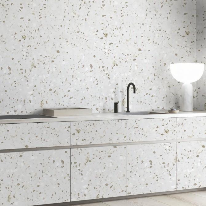 Terrazo Murando - vinilo lavable autoadhesivo para frentes paredes y azulejos de cocina en marrón y gris.