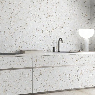 Terrazo Murando - vinilo lavable autoadhesivo para frentes paredes y azulejos de cocina en marrón y gris.