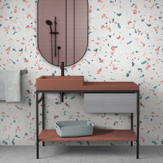 Mediterranean Terrazzo. Washable self-adhesive eco inks Vinyl for tiles walls, shower and bath for bathroom. Lokoloko