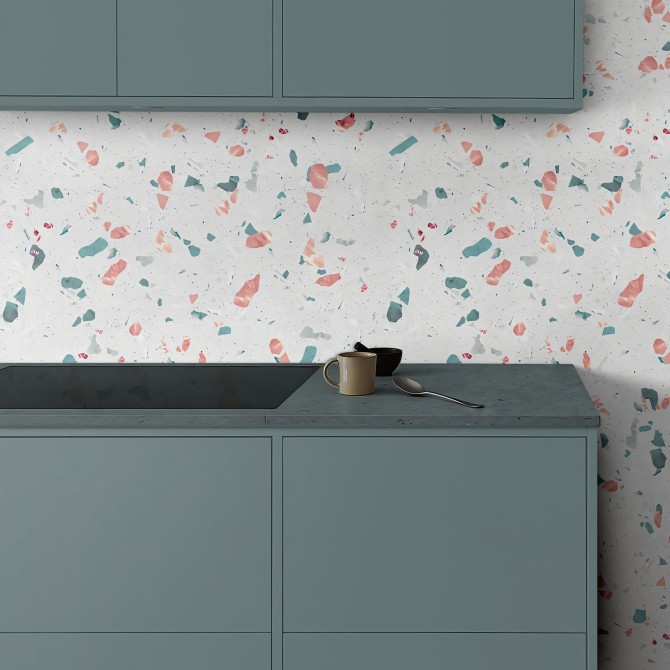 Terrazo Mediterraneo. Vinilo autoadhesivo, lavable, opaco, para cocinas, paredes con azulejos y zocalos. Lokoloko