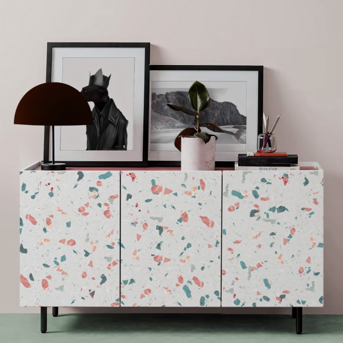 Mediterranean Terrazzo. Washable self-adhesive eco inks. Vinyl for furniture living room or dining room sideboards. Lokoloko