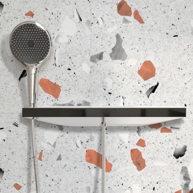 Terrazzo orange and gray. Washable self-adhesive eco inks Vinyl for tiles walls, shower and bath for bathroom. Lokoloko