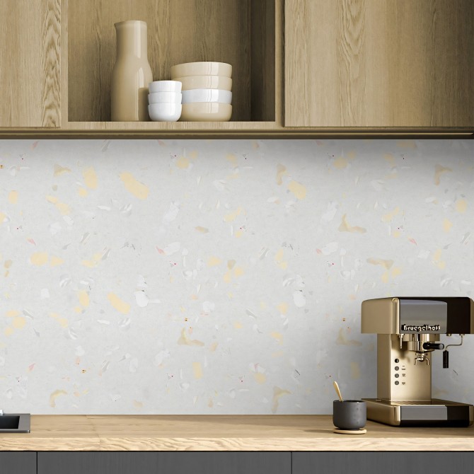 Terrazo Amarillo Claro. Vinilo lavable autoadhesivo para paredes de cocinas, azulejos, frentes y copetes. Lokoloko