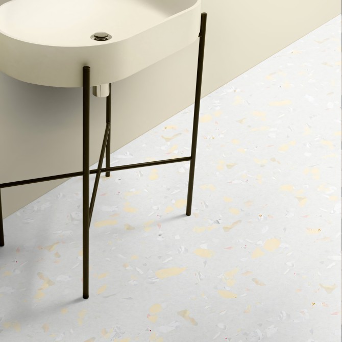 Light Yellow Terrazzo. Washable self-adhesive eco inks. Vinyl for floor tiles in bathroom. Lokoloko