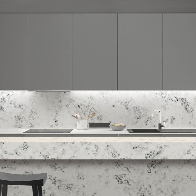 Mármol Blanco 2. Vinilo lavable autoadhesivo opaco ignifugo antibacterias para frentes e islas de cocina. Lokoloko