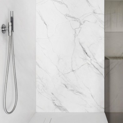 Mármol Calacatta Blanco - Vinilo Lokoloko lavable y autoadhesivo para paredes y duchas de baño, en color blanco y gris.