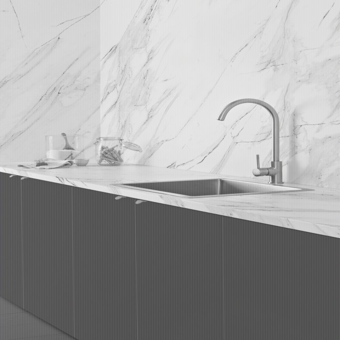 Mármol Calacatta Oro - Vinilo Lokoloko lavable autoadhesivo opaco para paredes de cocina en tonos cálidos con blancos y tierras
